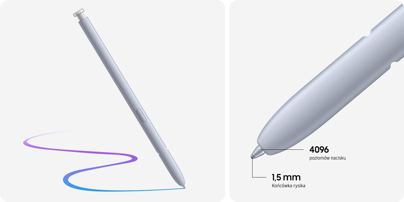 Rysik S Pen jest pokazany z pociągnięciem pędzla biegnącym w zakrzywionej linii. Końcówka rysika S Pen jest pokazana oddzielnie w zbliżeniu. Końcówka rysika ma 1,5 mm grubości i 4096 poziomów nacisku. Rysik S Pen jest pokazany z pociągnięciem pędzla biegnącym w zakrzywionej linii. Końcówka rysika S Pen jest pokazana oddzielnie w zbliżeniu. Końcówka rysika ma 1,5 mm grubości i 4096 poziomów nacisku.