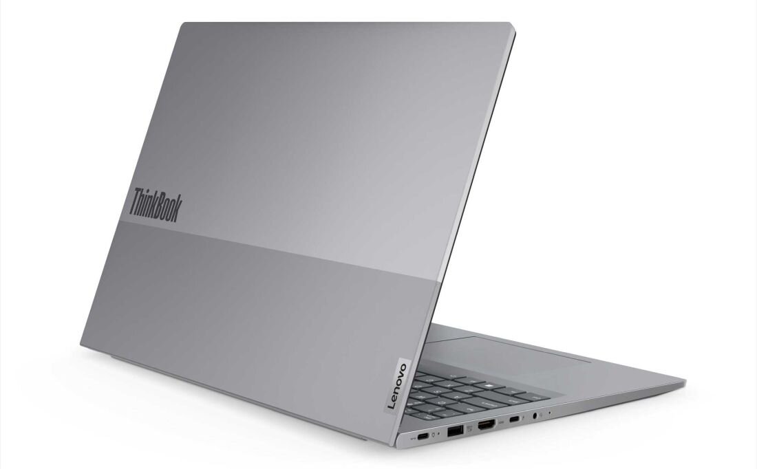 Laptop LENOVO ThinkBook 16 - Srebrna pokrywa laptopa Lenovo ThinkBook 14, ukazująca prawy tył urządzenia, dobry do pracy i nauki.