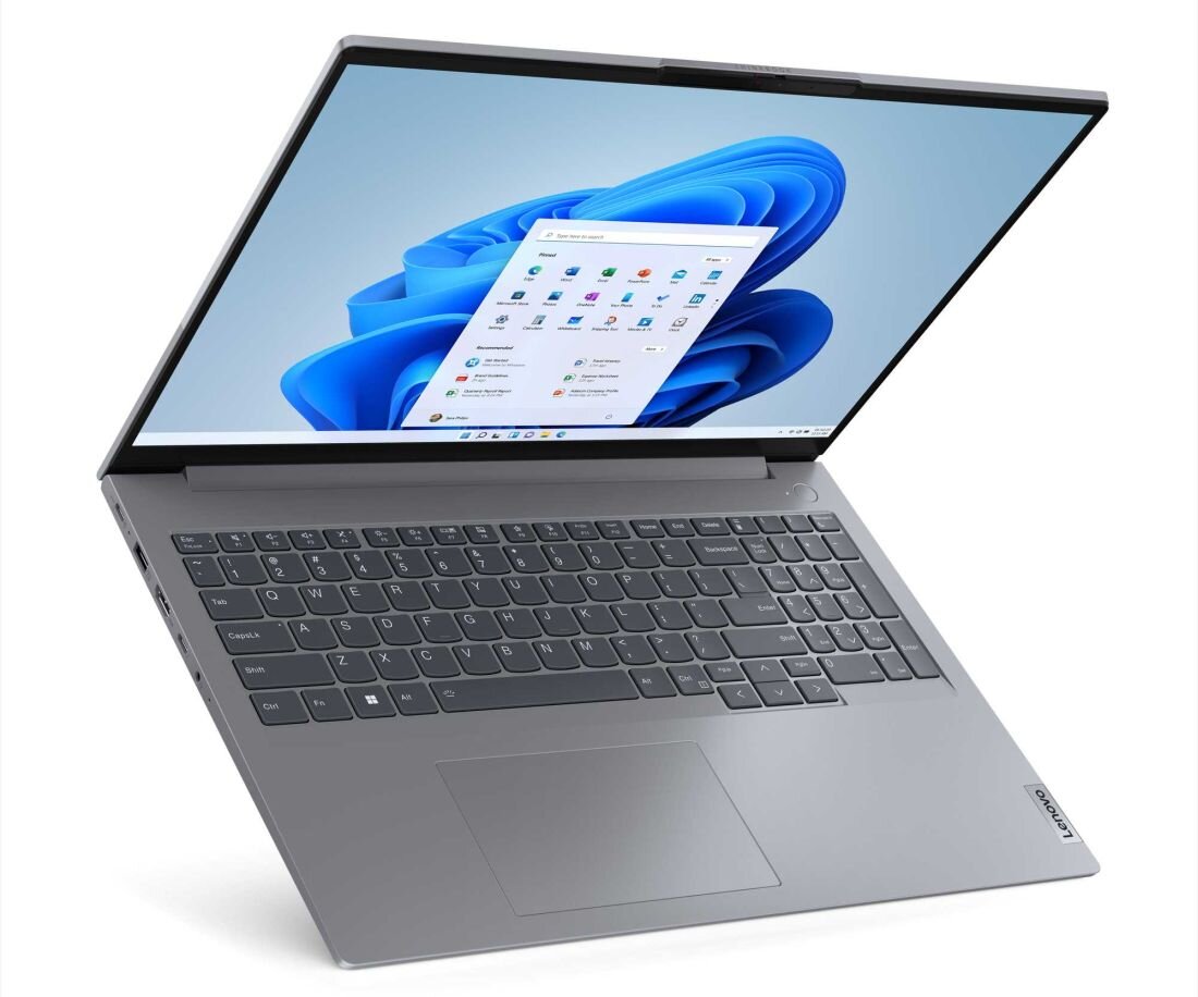 Laptop LENOVO ThinkBook 16 - Rozłożony laptop Lenovo ThinkBook 16 G7 z ekranem o cienkich ramkach, pełną klawiaturą i systemem Windows 11.