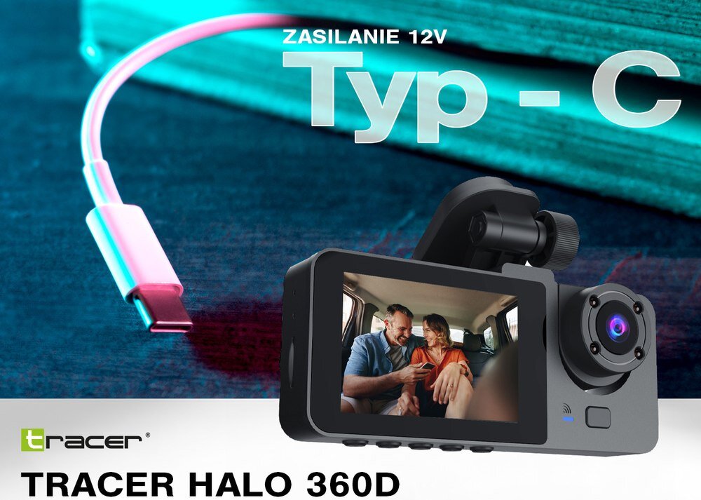 Wideorejestrator TRACER Halo 360D z kablem w tle
