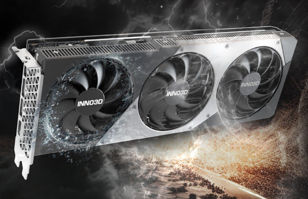 Karta graficzna INNO3D GeForce RTX 5080 X3 16GB Karta graficzna z trzema wentylatorami przedstawiona w dynamicznej kompozycji z efektami błyskawic i wodnych rozbryzgów w tle