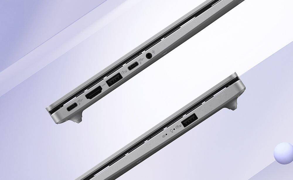 Dwa laptopy o identycznym designie stoją obok siebie, ukazując złącza po obu stronach. - Wszechstronna łączność USB HDMI