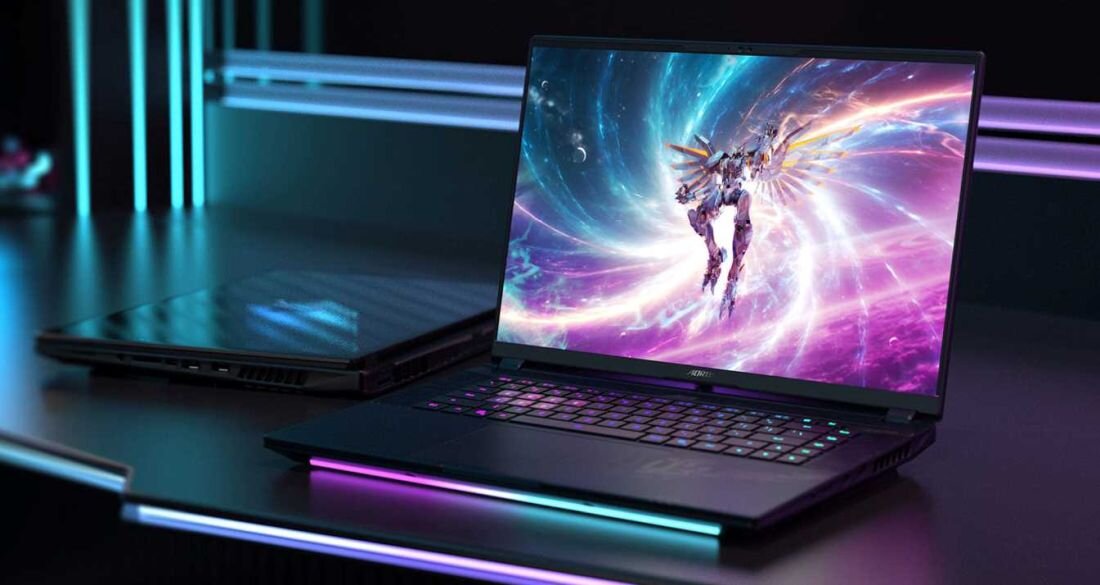 Laptop GIGABYTE Aorus Master 16 - Laptop GIGABYTE Aorus Master 16 z ekranem, na którym widoczny jest kolorowy obraz, łączący wydajność z estetyką. Intel Core Ultra 200HX, NVIDIA GeForce RTX 50, OLED, Dolby Vision i Dolby Atmos, WINDFORCE Infinity EX, WINDFORCE Infinity EX, Windows 11
