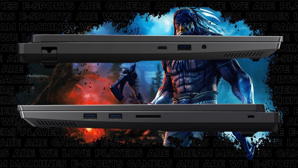 Laptop DREAMMACHINES RT5070TI - Laptop DREAMMACHINES RT5070TI z wizerunkiem mężczyzny w tle, ukazujący złącza urządzenia. port audio 3.5mm Combo Jack 2 razy 2 W głośniki Nahimic Equalizer