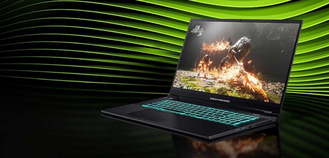 Laptop DREAMMACHINES RT5070TI - Laptop DREAMMACHINES RT5070TI z zielonym tłem, prezentujący rozgrywkę na ekranie. NVIDIA GeForce RTX x serii 50, NVIDIA Blackwell NVIDIA DLSS 4