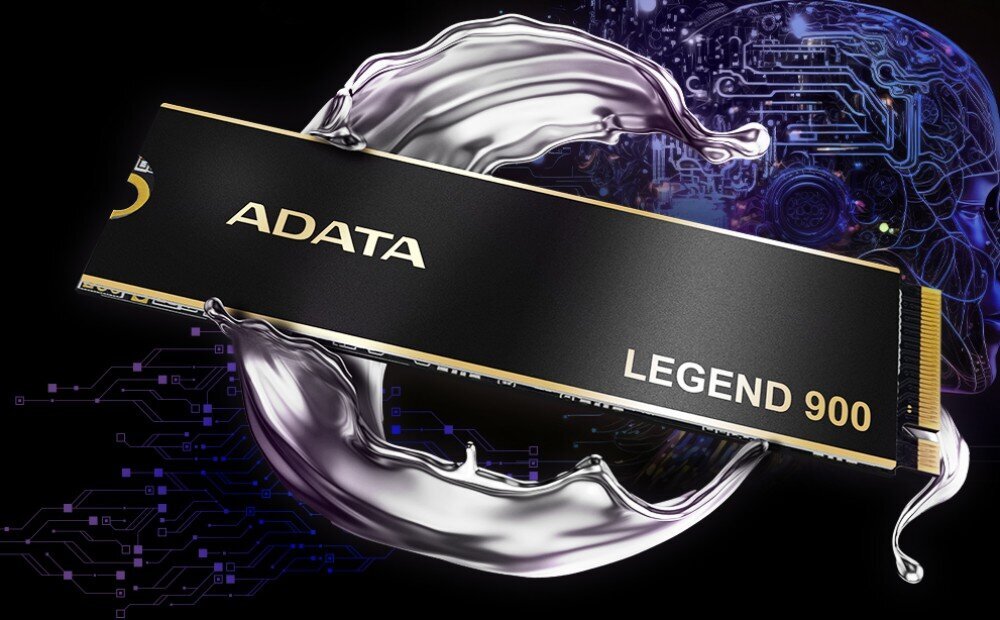 Komputer MAD DOG COUGAR-MX600-I02DR32 Czarny dysk SSD M.2 ADATA Legend 900 z eleganckim złotym napisem i futurystycznym tłem, dysk, pojemność, szybkość, korekcja błędów