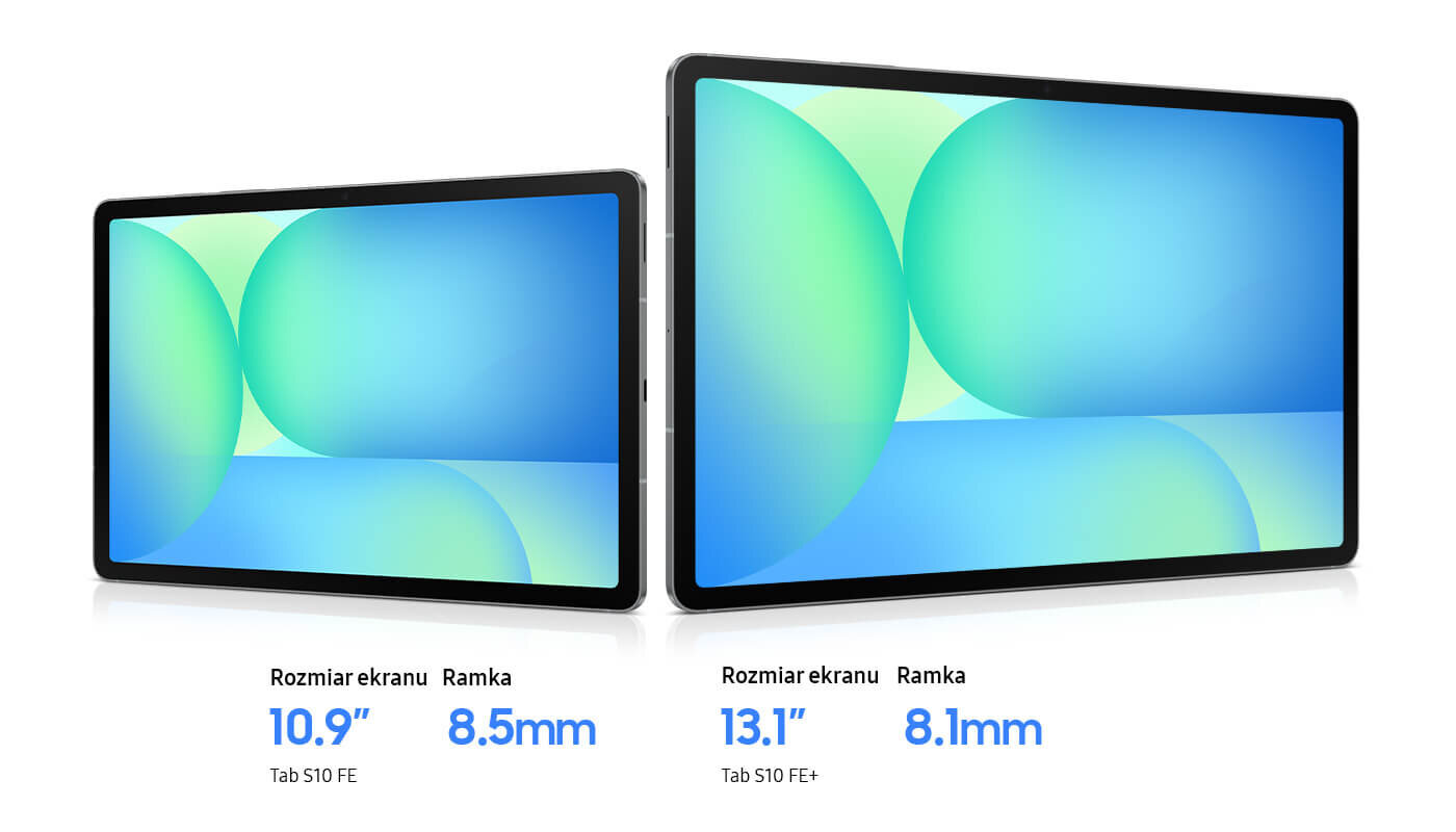 Galaxy Tab S10 FE i Galaxy Tab S10 FE Plus pokazane obok siebie z niebiesko-zieloną tapetą na ekranie. Galaxy Tab S10 FE ma 10,9-calowy ekran i ramki 8,5 mm. Galaxy Tab S10 FE Plus ma 13,1-calowy ekran i ramki 8,1 mm. Galaxy Tab S10 FE i Galaxy Tab S10 FE Plus pokazane obok siebie z niebiesko-zieloną tapetą na ekranie. Galaxy Tab S10 FE ma 10,9-calowy ekran i ramki 8,5 mm. Galaxy Tab S10 FE Plus ma 13,1-calowy ekran i ramki 8,1 mm.