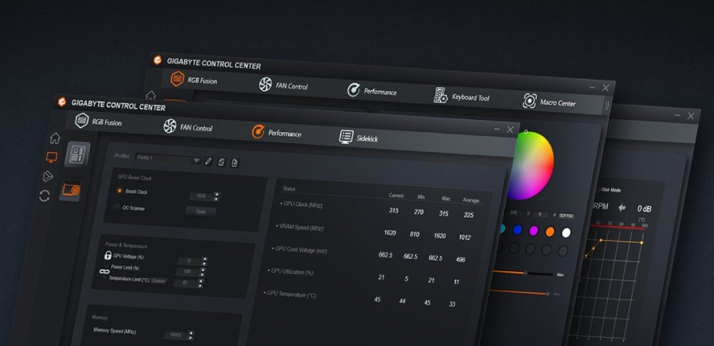 Karta graficzna GIGABYTE GeForce RTX 5070 Ti EAGLE ICE SFF OC 16GB Zrzut ekranu z interfejsu oprogramowania sterującego, prezentujący różne zakładki, w tym ustawienia RGB, kontroli wentylatorów i parametrów wydajności, porty, złącza, aplikacja