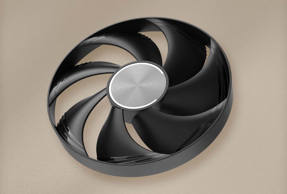 Karta graficzna MSI GeForce RTX 5070 Ti Inspire 3X OC Plus 16GB Pojedynczy wentylator z siedmioma łopatkami o czarnym wykończeniu, ujęty na beżowym tle, wentylatory, łopatki, rozwiązania