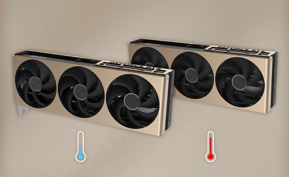 Karta graficzna MSI GeForce RTX 5070 Ti Inspire 3X OC Plus 16GB Dwie karty graficzne z trzema wentylatorami, jedna z ikoną niebieskiego termometru, druga z czerwonym termometrem, sugerujące różne poziomy temperatury, funkcja ZERO FROZR
