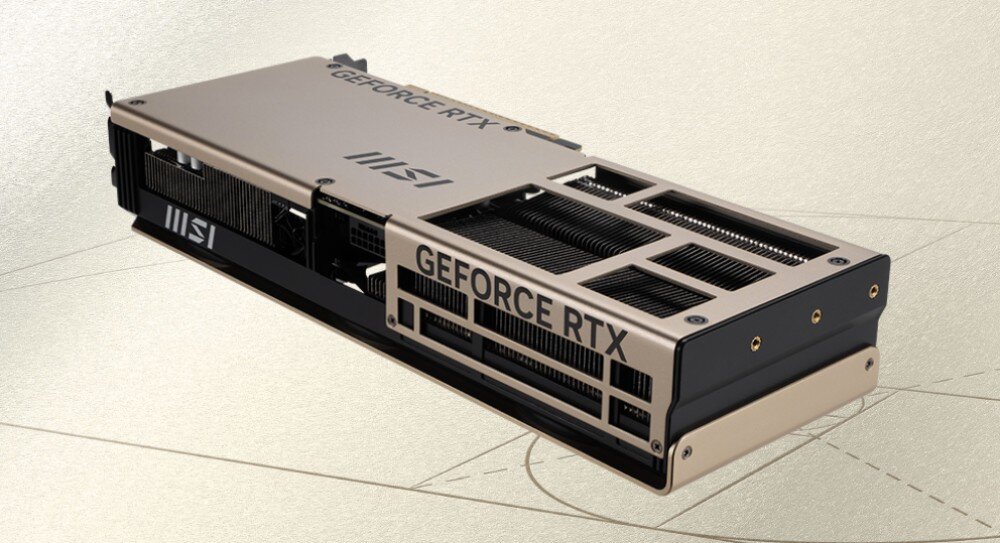 Karta graficzna MSI GeForce RTX 5070 Ti Inspire 3X OC Plus 16GB Tył karty graficznej z logo 'GEFORCE RTX' i 'MSI', widoczne elementy chłodzenia i otwory wentylacyjne na obudowie, taktowanie, rdzenie CUDA, interfejs PCIe 5.0