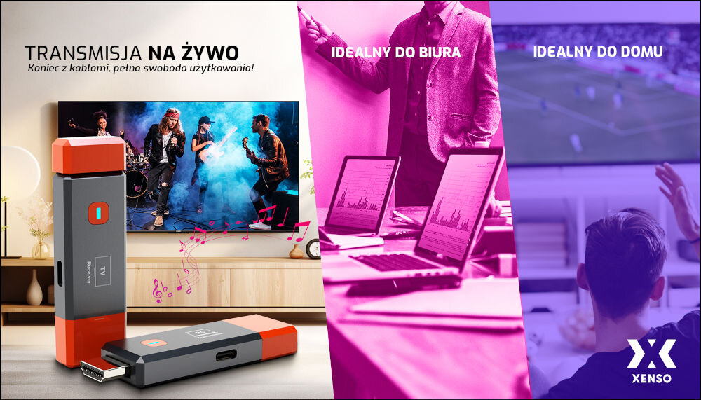Transmiter HDMI XENSO HL50D - Transmisja na żywo. transmiter stojący na stole na tle telewizora