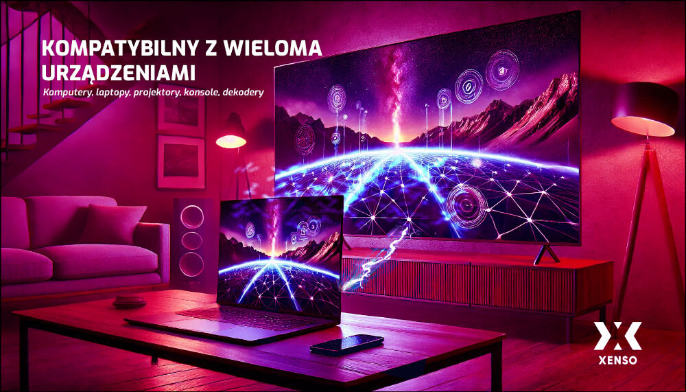 Transmiter HDMI XENSO HL50D - Kompatybilność z urządzeniami, telewizor stojący na komodzie w salonie, laptop stojący na stoliku