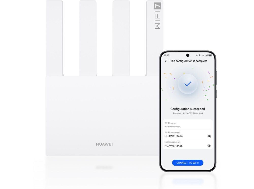 Router HUAWEI BE3 BE3600 Router z czterema antenami oraz smartfon z ekranem konfiguracji sieci Wi-Fi, na którym wyświetlony jest komunikat o pomyślnym zakończeniu ustawień, konfiguracja, ustawienia