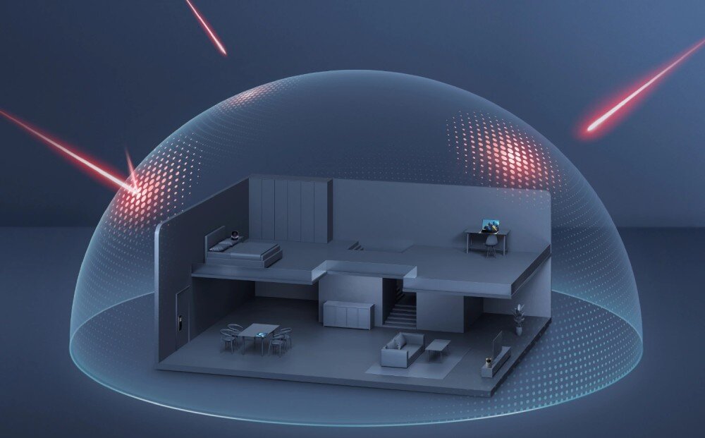 Router HUAWEI BE3 BE3600 Ilustracja domu otoczonego przez przezroczystą kopułę ochronną. Na zewnątrz widoczne czerwone promienie symbolizujące zagrożenia, zabezpieczenia, ochrona przed atakami, firewall