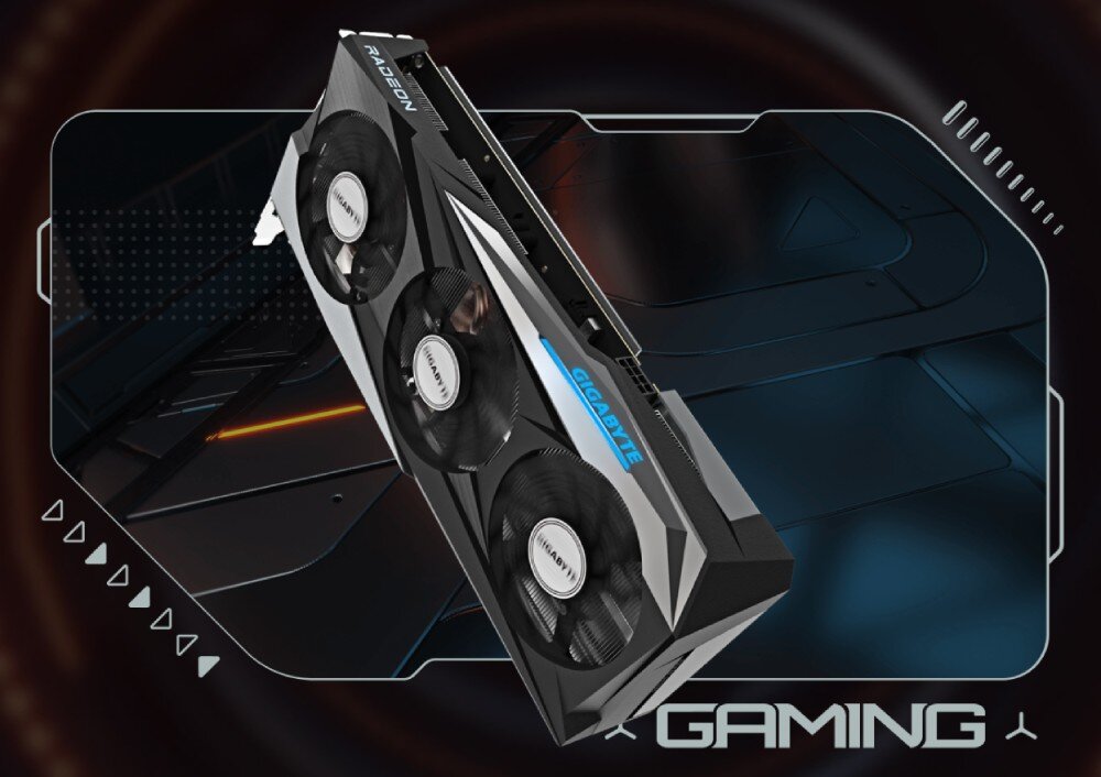 Komputer MAD DOG DIAXID605-A10DR32 Karta graficzna GIGABYTE na futurystycznym tle, z napisem gaming na dole architektura wydajność układ graficzny