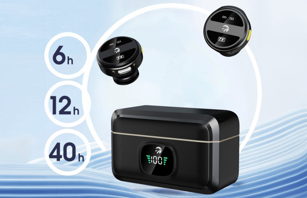 Mikrofon HAWK HW-MIC201 prezentacja etui ładującego z godzinami i mikrofonem nad nim na niebeiskim tle wbudowana bateria 80 mAh w każdym mikrofonie do 6 godzin ciągłego użytkowania etui ładujące pojemność 900 mAh szybkie ładowanie ochrona w trakcie trnasportu wbudowany wyświetlacz LED informuje o poziomie naładowania mobilność kontrola