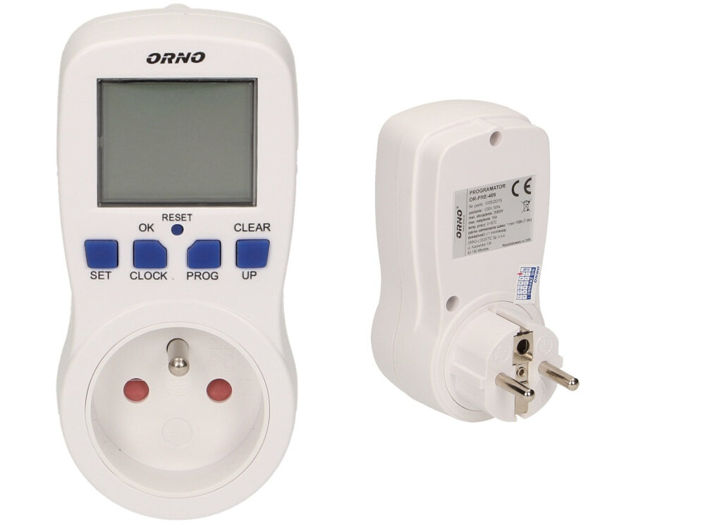 Gniazdko z programatorem ORNO OR-PRE-409 funkcjonalne urządzenie wyświetlacz LCD 16 programów funkcja count down możliwości ustawiania czasu letniego i zimowego