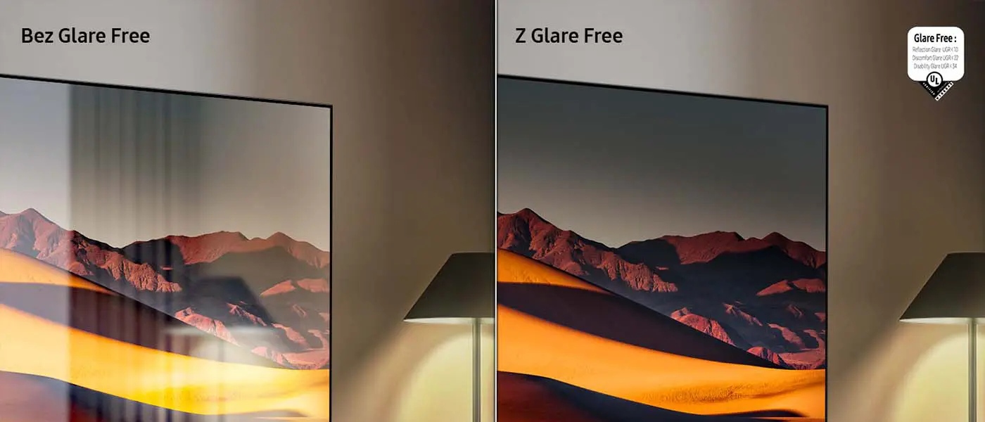 1400x600 glare header pc Obraz przedstawia porównanie dwóch ekranów telewizorów z napisami \'Bez Glare Free\' i \'Z Glare Free\'. Po lewej stronie widać odbicia na ekranie, a po prawej ekran jest wolny od odbić, z widocznym krajobrazem górskim.