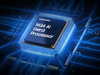 320x240-nq8-ai-gen3-processor pc Obraz przedstawia procesor z napisem \'NQ4 AI Gen3 Processor\' na tle schematu obwodów elektronicznych. Logo \'SAMSUNG\' znajduje się na procesorze.