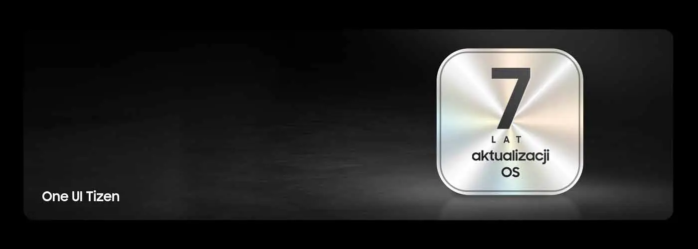 7lat Obraz przedstawia srebrny symbol z napisem \'7 lat aktualizacji OS\'. W lewym dolnym rogu widnieje tekst \'One UI Tizen\'.