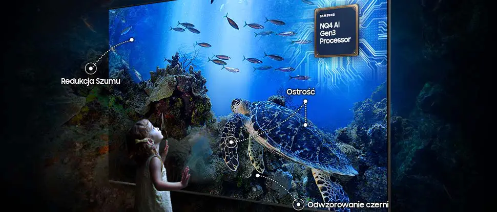 970x415-pc 80fa 98b Obraz przedstawia telewizor wyświetlający podwodną scenę z żółwiem i rybami, z oznaczeniami \'Redukcja Szumu\', \'Ostrość\' i \'Odwzorowanie czerni\'. Widoczny jest również napis \'SAMSUNG NQ4 AI Gen3 Processor\'.