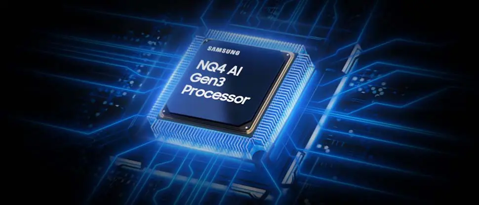 970x415 vision ai nq8 ai gen3 processor 2 start pc Obraz przedstawia procesor z napisem \'NQ4 AI Gen3 Processor\' oraz logo \'SAMSUNG\'. Procesor jest otoczony niebieskimi liniami przypominającymi obwody elektroniczne.