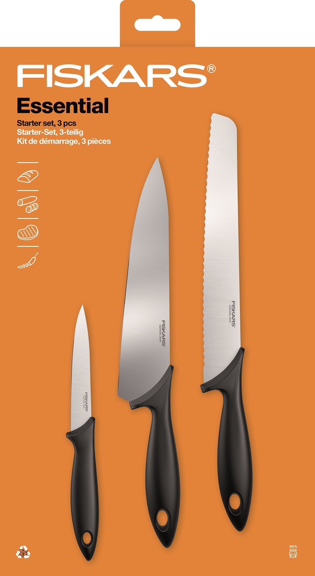 Fiskars Essential Knife Set 3 Pieces - Knife Sets Stainless Steel Black - 1065583