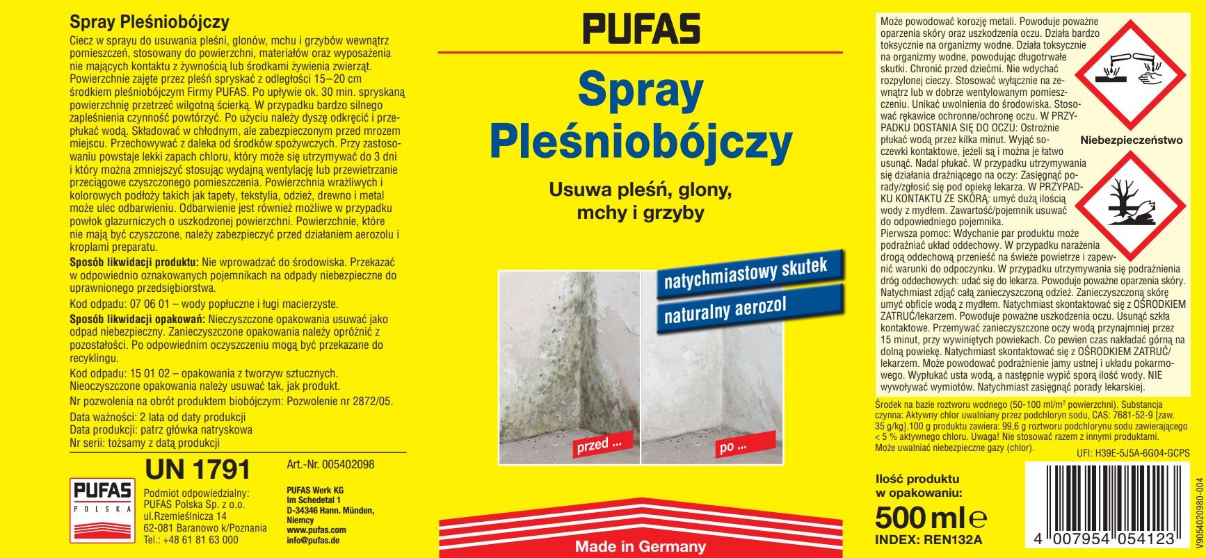 PUFAS Spray 500 ml Środek pleśniobójczy - niskie ceny i opinie w Media  Expert