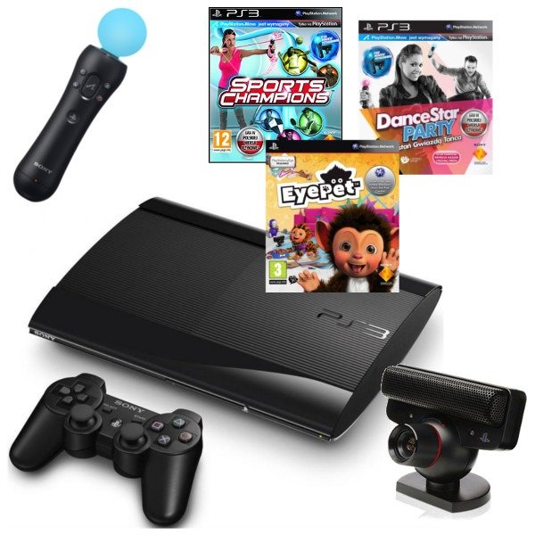 SONY PlayStation 3 Super Slim 500 GB + Move + Dance Start Party + Sport  Champions + Eye Pet Konsola - niskie ceny i opinie w Media Expert