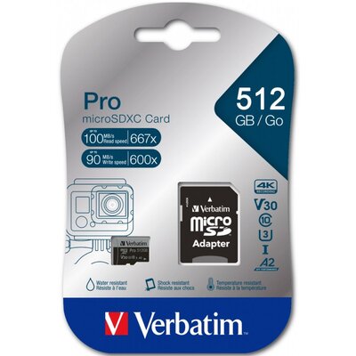 Фото - Карта пам'яті Verbatim Karta pamięci  Pro microSDXC 512GB + Adapter Pro U3 Micro SDXC 