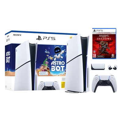 Konsola SONY PlayStation 5 Slim + Gra PS5 Astro Bot + Assassin's Creed Shadows - Edycja Limitowana Gra PS5 + Słuchawki SONY Pulse Explore Bezprzewodowe, Dokanałowe, Dźwięk przestrzenny